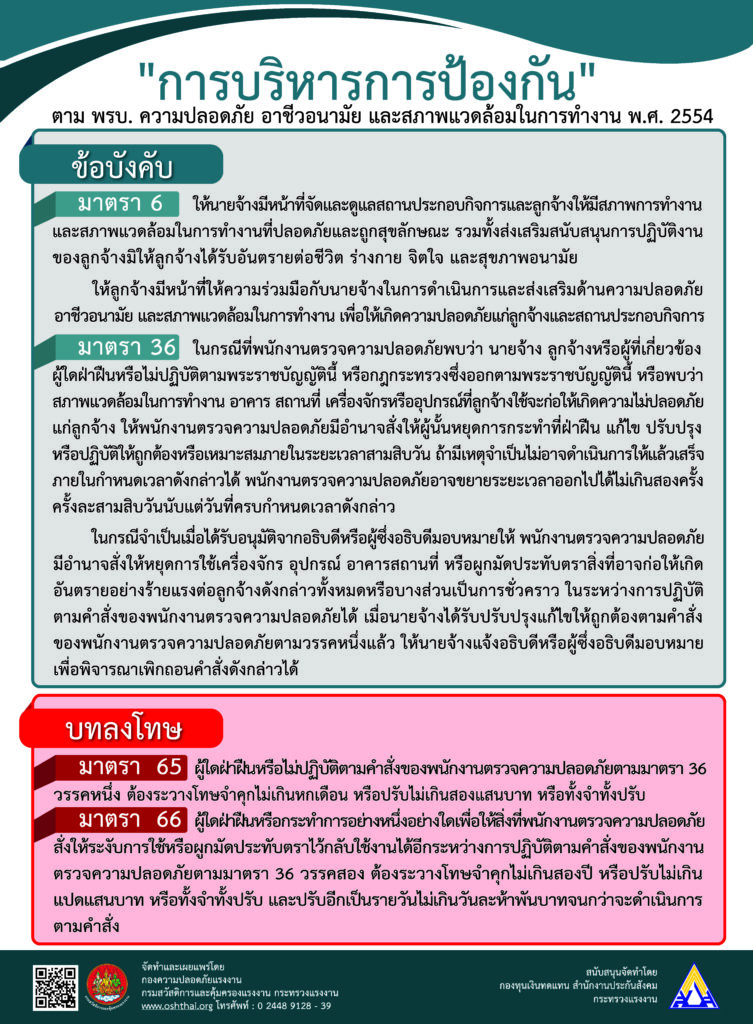 “การบริหารการป้องกัน” ตาม พรบ. ความปลอดภัย อาชีวอนามัย และสภาพแวดล้อมในการทำงาน พ.ศ. 2554