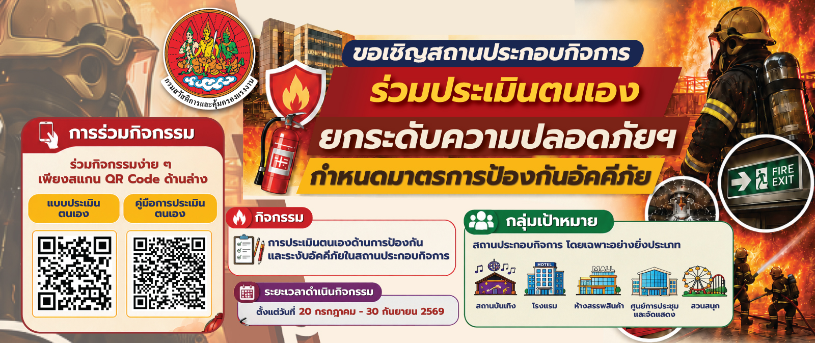 ขอเชิญสถานประกอบกิจการร่วมประเมินตนเองยกระดับความปลอดภัยฯ กำหนดมาตรการป้องกันอัคคีภัย